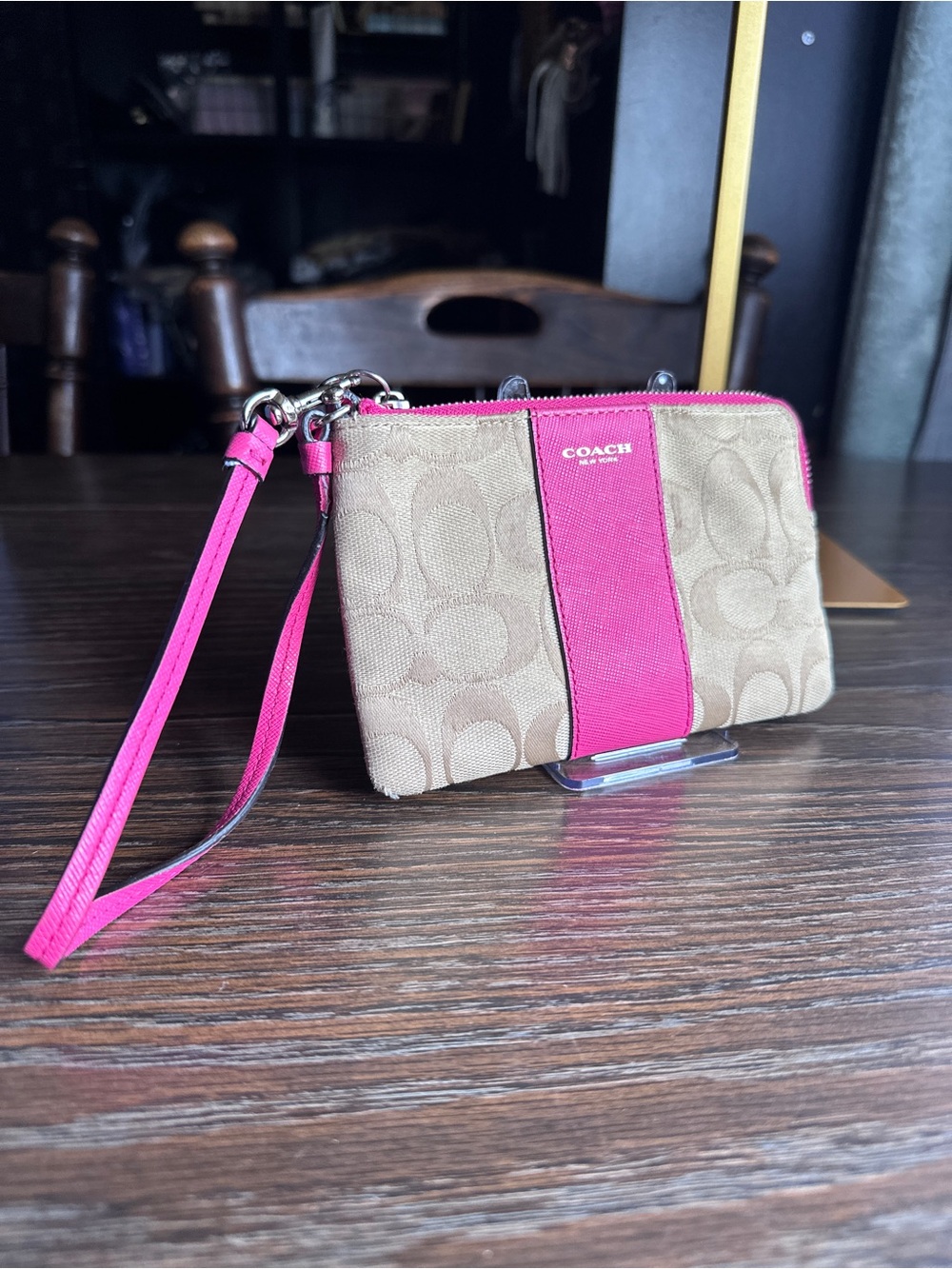 Coach Khaki Canvas Wristlet with Bright Pink Center Stripe